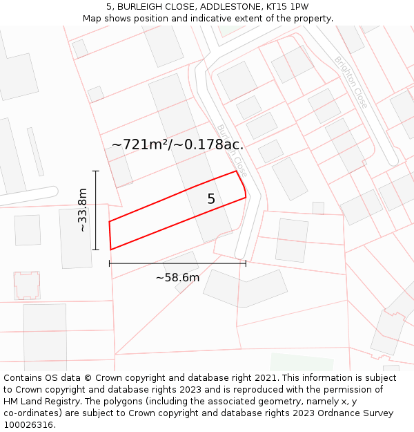 5, BURLEIGH CLOSE, ADDLESTONE, KT15 1PW: Plot and title map