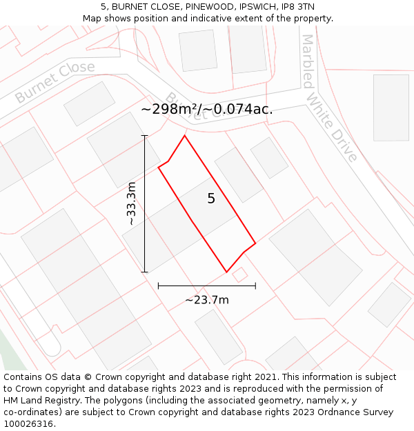 5, BURNET CLOSE, PINEWOOD, IPSWICH, IP8 3TN: Plot and title map