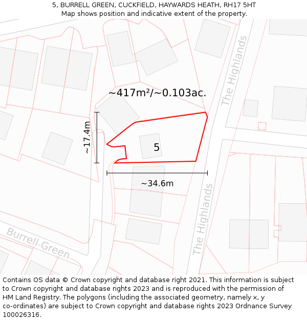 5, BURRELL GREEN, CUCKFIELD, HAYWARDS HEATH, RH17 5HT: Plot and title map