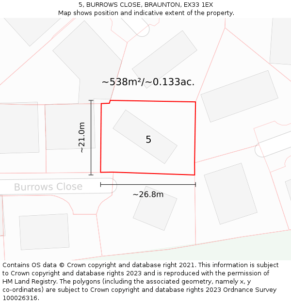 5, BURROWS CLOSE, BRAUNTON, EX33 1EX: Plot and title map