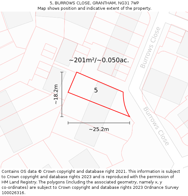 5, BURROWS CLOSE, GRANTHAM, NG31 7WP: Plot and title map