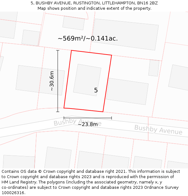 5, BUSHBY AVENUE, RUSTINGTON, LITTLEHAMPTON, BN16 2BZ: Plot and title map