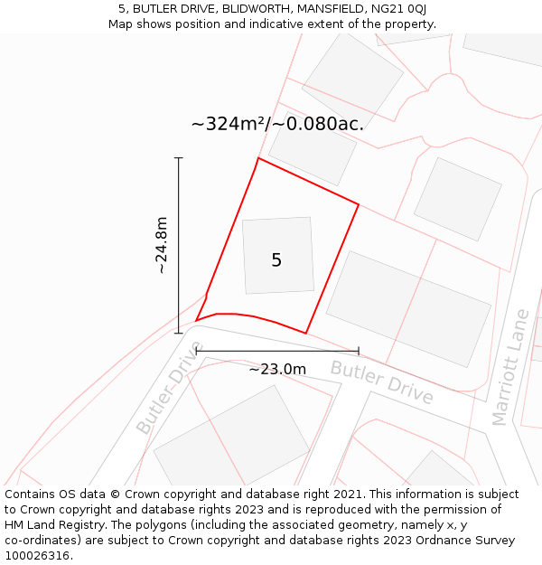 5, BUTLER DRIVE, BLIDWORTH, MANSFIELD, NG21 0QJ: Plot and title map
