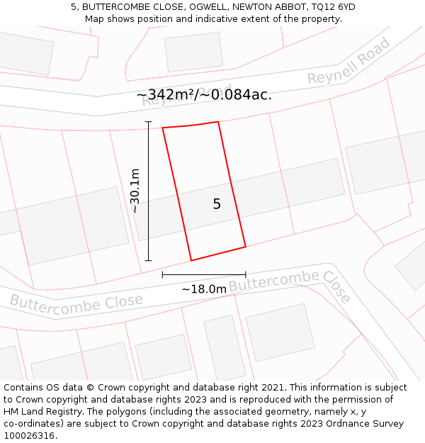 5, BUTTERCOMBE CLOSE, OGWELL, NEWTON ABBOT, TQ12 6YD: Plot and title map