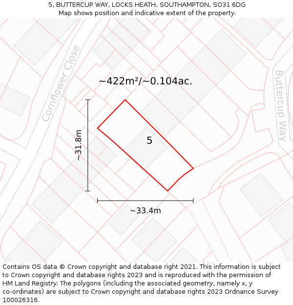 5, BUTTERCUP WAY, LOCKS HEATH, SOUTHAMPTON, SO31 6DG: Plot and title map