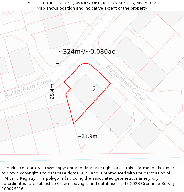 5, BUTTERFIELD CLOSE, WOOLSTONE, MILTON KEYNES, MK15 0BZ: Plot and title map