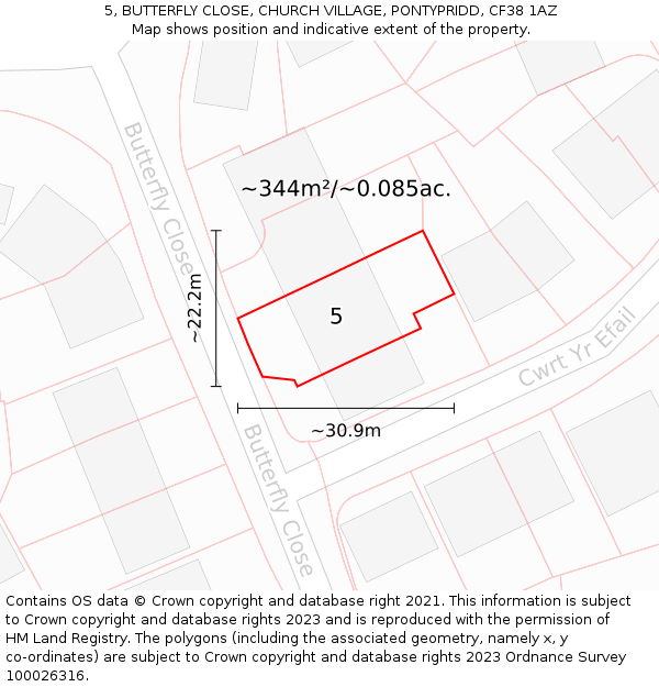 5, BUTTERFLY CLOSE, CHURCH VILLAGE, PONTYPRIDD, CF38 1AZ: Plot and title map