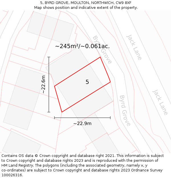 5, BYRD GROVE, MOULTON, NORTHWICH, CW9 8XF: Plot and title map