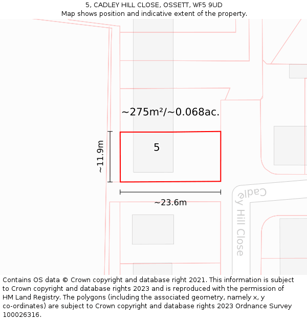 5, CADLEY HILL CLOSE, OSSETT, WF5 9UD: Plot and title map