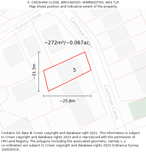 5, CADSHAW CLOSE, BIRCHWOOD, WARRINGTON, WA3 7LR: Plot and title map