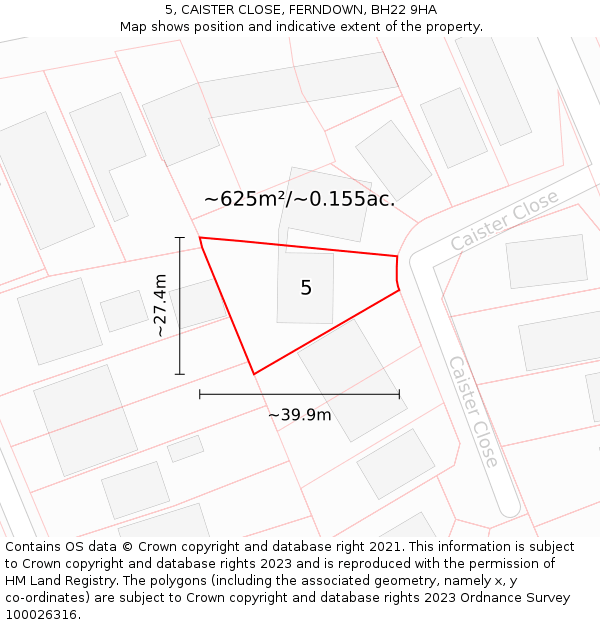5, CAISTER CLOSE, FERNDOWN, BH22 9HA: Plot and title map