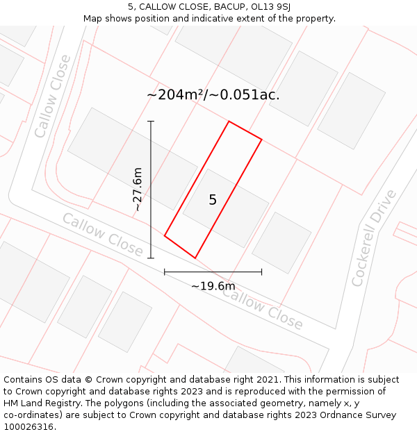 5, CALLOW CLOSE, BACUP, OL13 9SJ: Plot and title map