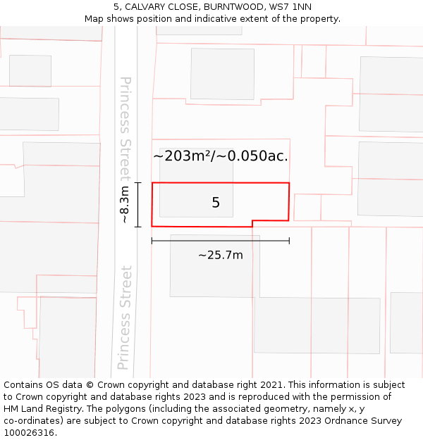 5, CALVARY CLOSE, BURNTWOOD, WS7 1NN: Plot and title map