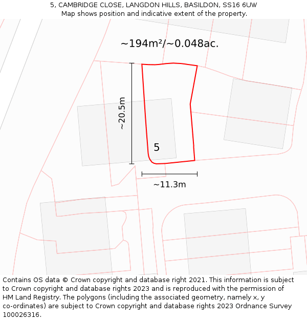 5, CAMBRIDGE CLOSE, LANGDON HILLS, BASILDON, SS16 6UW: Plot and title map