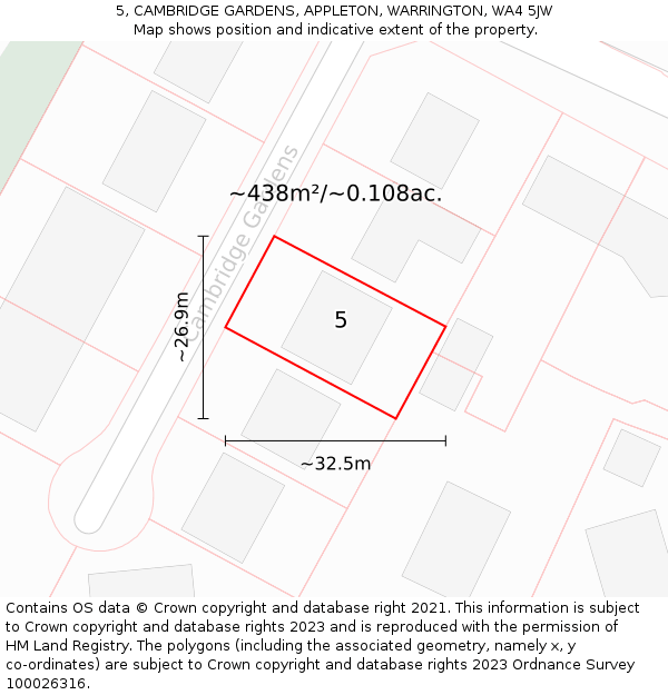 5, CAMBRIDGE GARDENS, APPLETON, WARRINGTON, WA4 5JW: Plot and title map