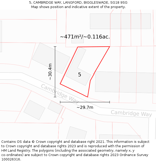 5, CAMBRIDGE WAY, LANGFORD, BIGGLESWADE, SG18 9SG: Plot and title map