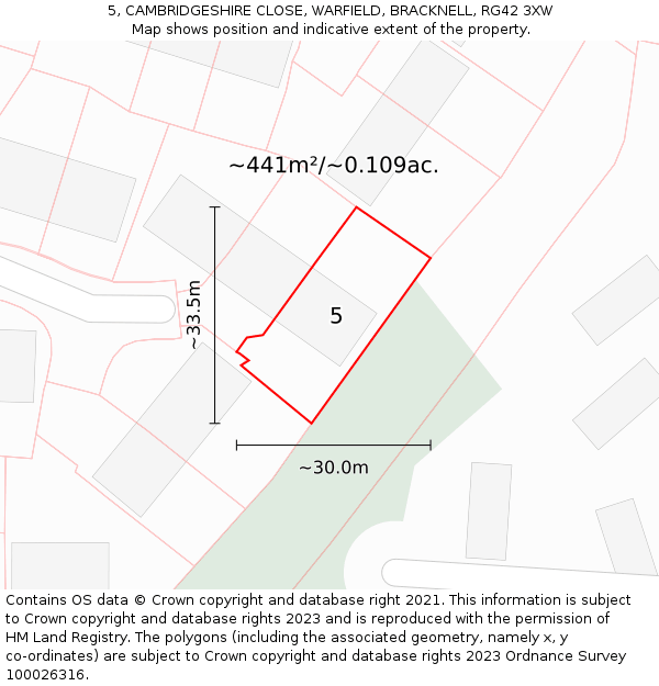 5, CAMBRIDGESHIRE CLOSE, WARFIELD, BRACKNELL, RG42 3XW: Plot and title map
