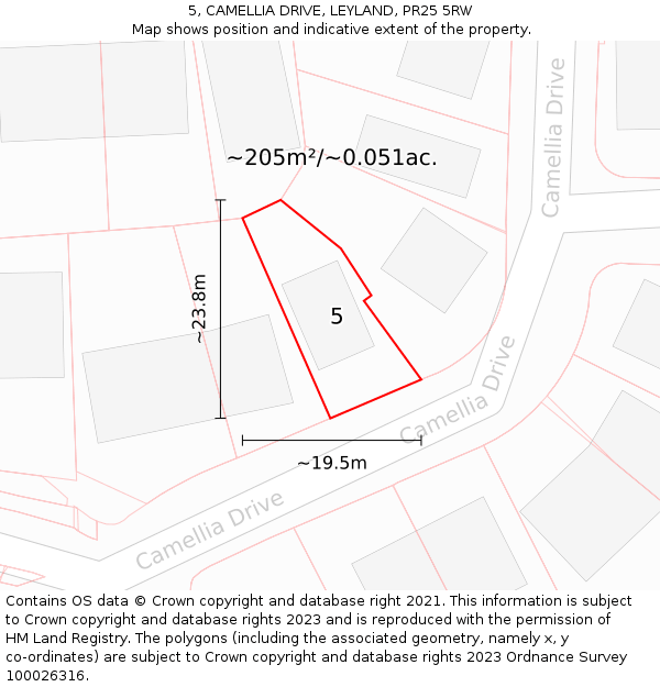 5, CAMELLIA DRIVE, LEYLAND, PR25 5RW: Plot and title map