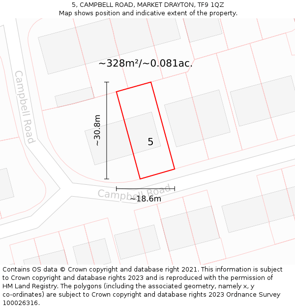 5, CAMPBELL ROAD, MARKET DRAYTON, TF9 1QZ: Plot and title map