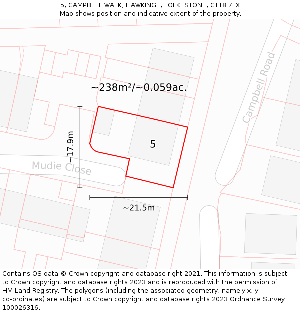 5, CAMPBELL WALK, HAWKINGE, FOLKESTONE, CT18 7TX: Plot and title map