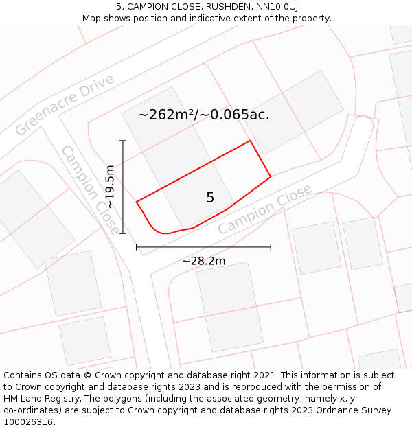 5, CAMPION CLOSE, RUSHDEN, NN10 0UJ: Plot and title map