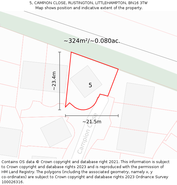 5, CAMPION CLOSE, RUSTINGTON, LITTLEHAMPTON, BN16 3TW: Plot and title map