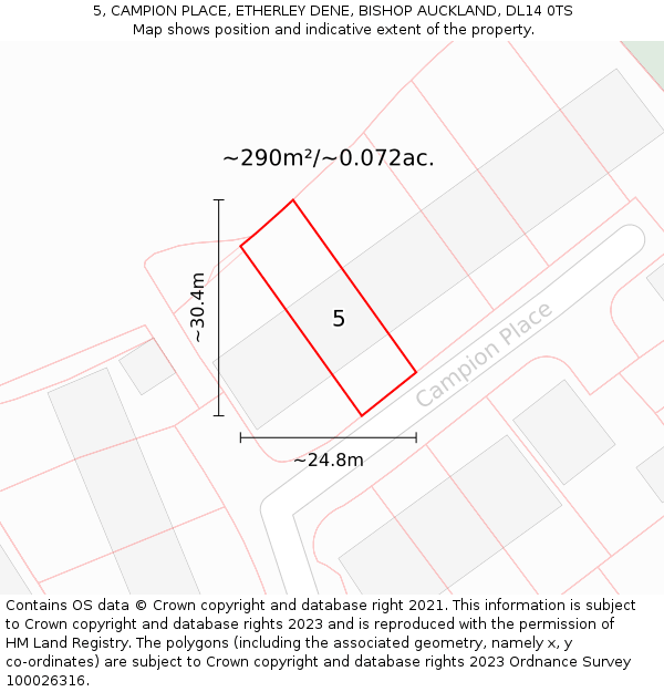 5, CAMPION PLACE, ETHERLEY DENE, BISHOP AUCKLAND, DL14 0TS: Plot and title map