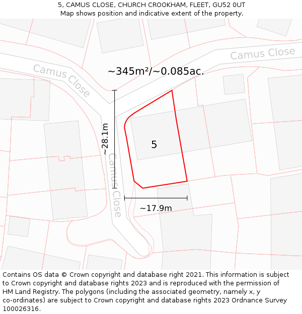 5, CAMUS CLOSE, CHURCH CROOKHAM, FLEET, GU52 0UT: Plot and title map
