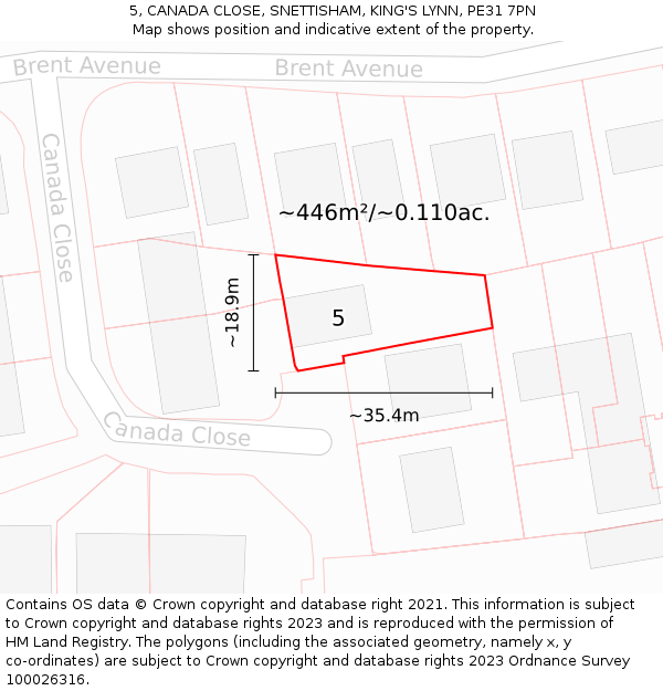 5, CANADA CLOSE, SNETTISHAM, KING'S LYNN, PE31 7PN: Plot and title map