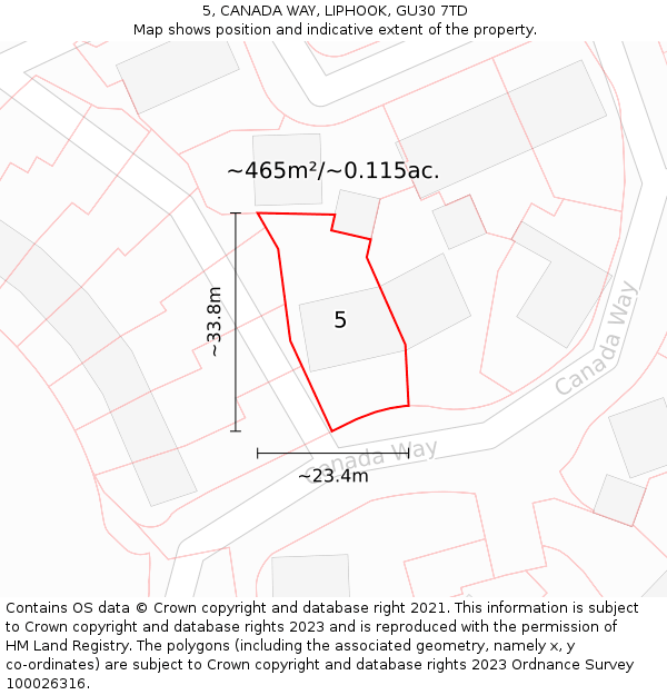 5, CANADA WAY, LIPHOOK, GU30 7TD: Plot and title map