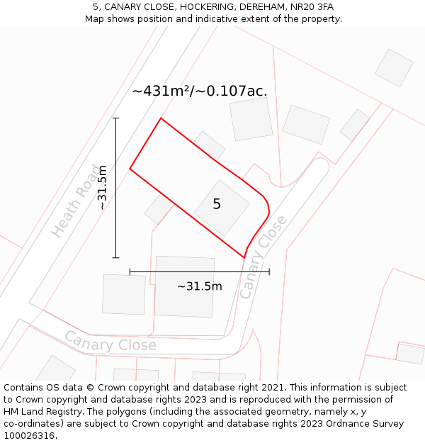 5, CANARY CLOSE, HOCKERING, DEREHAM, NR20 3FA: Plot and title map