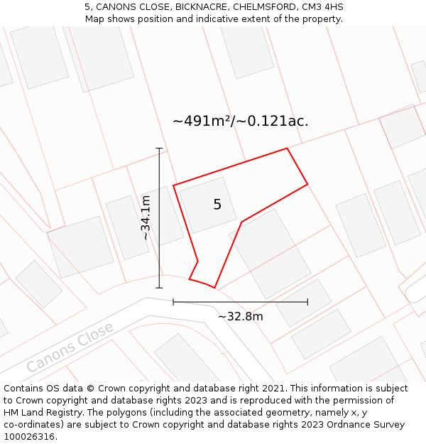 5, CANONS CLOSE, BICKNACRE, CHELMSFORD, CM3 4HS: Plot and title map