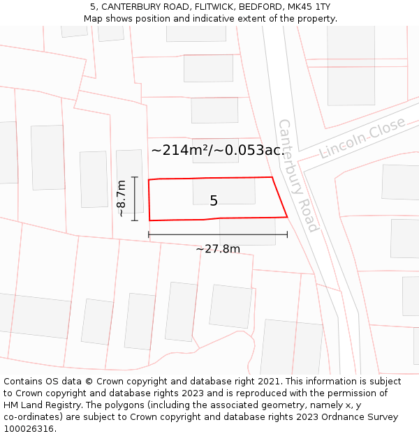 5, CANTERBURY ROAD, FLITWICK, BEDFORD, MK45 1TY: Plot and title map