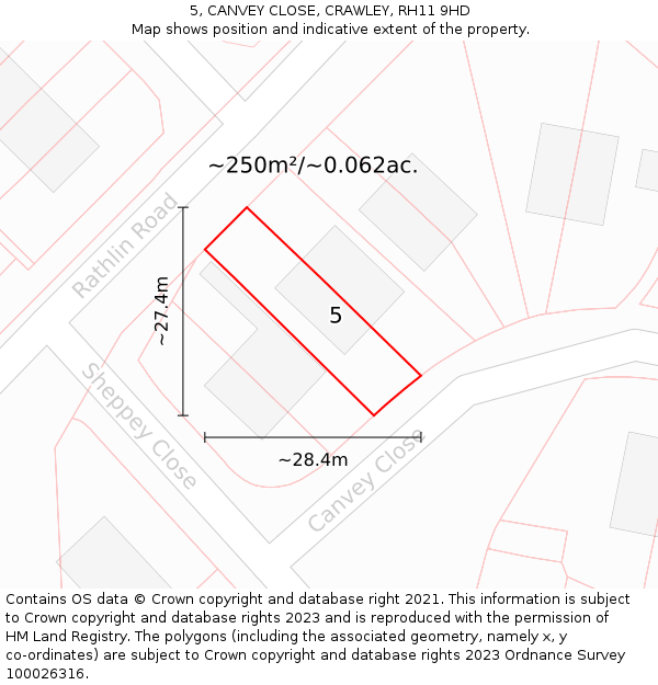 5, CANVEY CLOSE, CRAWLEY, RH11 9HD: Plot and title map