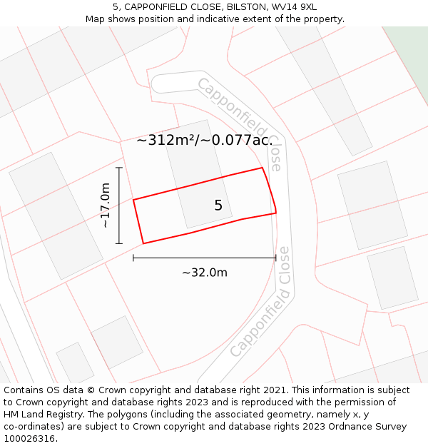 5, CAPPONFIELD CLOSE, BILSTON, WV14 9XL: Plot and title map