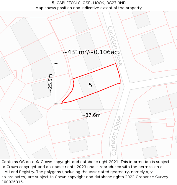 5, CARLETON CLOSE, HOOK, RG27 9NB: Plot and title map