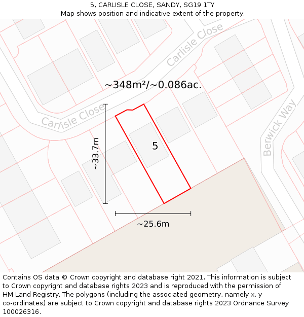 5, CARLISLE CLOSE, SANDY, SG19 1TY: Plot and title map