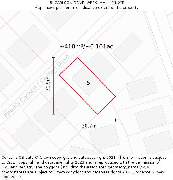 5, CARLSON DRIVE, WREXHAM, LL11 2YF: Plot and title map