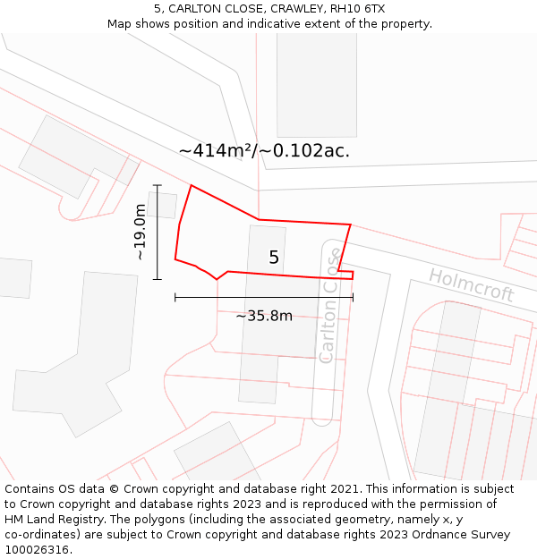 5, CARLTON CLOSE, CRAWLEY, RH10 6TX: Plot and title map