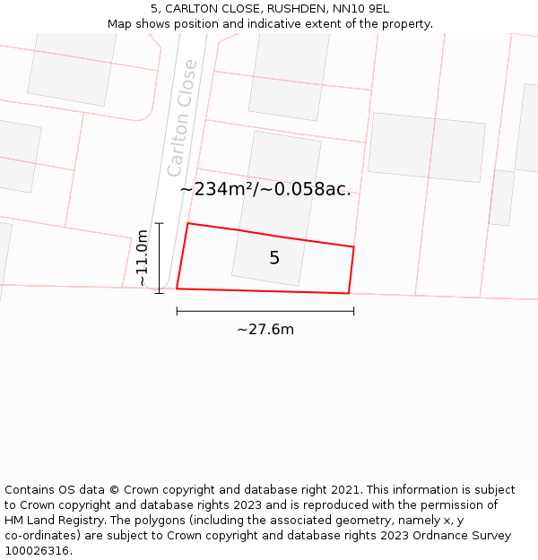 5, CARLTON CLOSE, RUSHDEN, NN10 9EL: Plot and title map