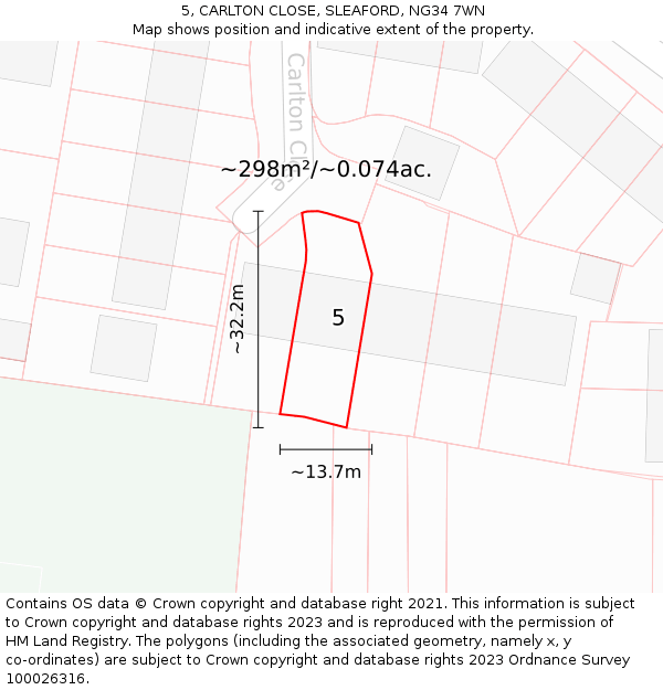 5, CARLTON CLOSE, SLEAFORD, NG34 7WN: Plot and title map