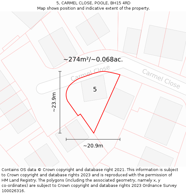 5, CARMEL CLOSE, POOLE, BH15 4RD: Plot and title map
