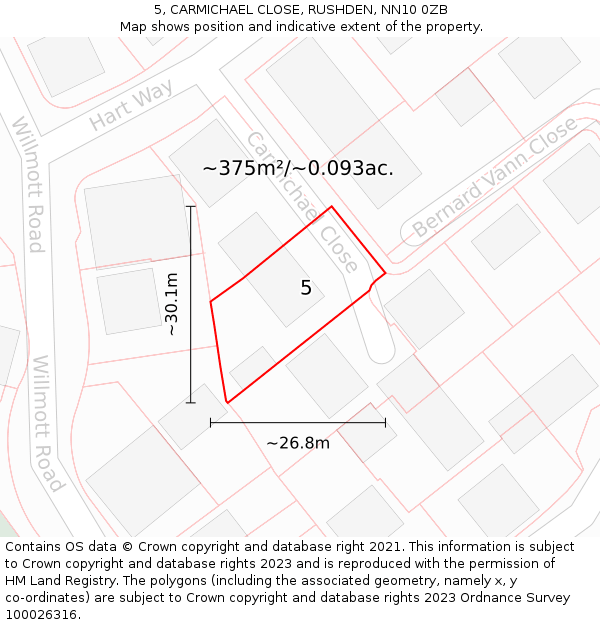 5, CARMICHAEL CLOSE, RUSHDEN, NN10 0ZB: Plot and title map