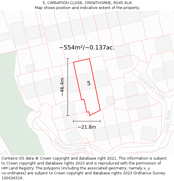 5, CARNATION CLOSE, CROWTHORNE, RG45 6UX: Plot and title map
