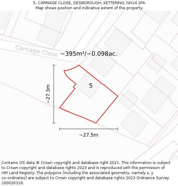 5, CARRIAGE CLOSE, DESBOROUGH, KETTERING, NN14 2FA: Plot and title map
