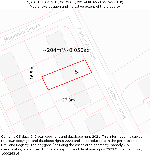 5, CARTER AVENUE, CODSALL, WOLVERHAMPTON, WV8 1HQ: Plot and title map