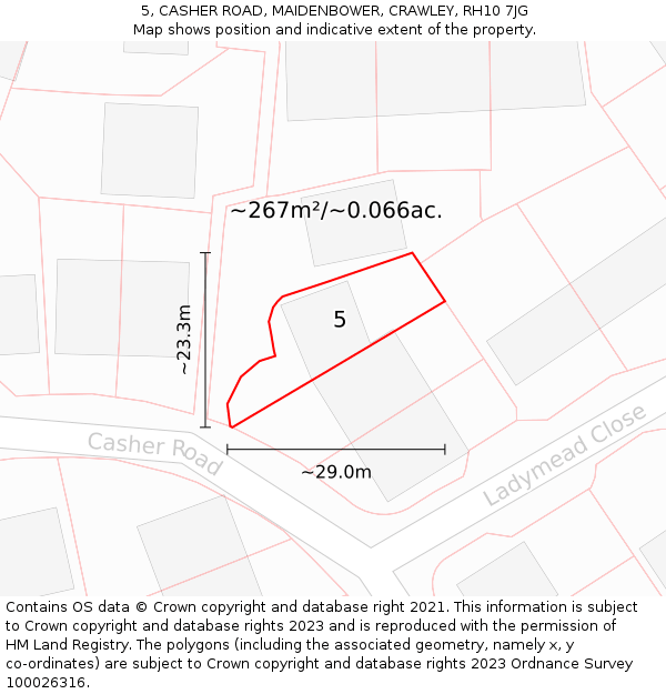 5, CASHER ROAD, MAIDENBOWER, CRAWLEY, RH10 7JG: Plot and title map