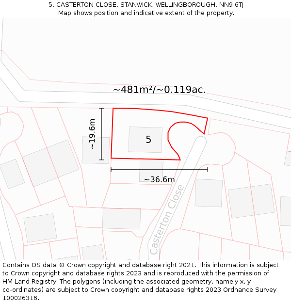 5, CASTERTON CLOSE, STANWICK, WELLINGBOROUGH, NN9 6TJ: Plot and title map