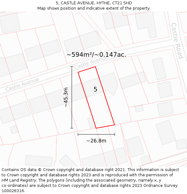 5, CASTLE AVENUE, HYTHE, CT21 5HD: Plot and title map
