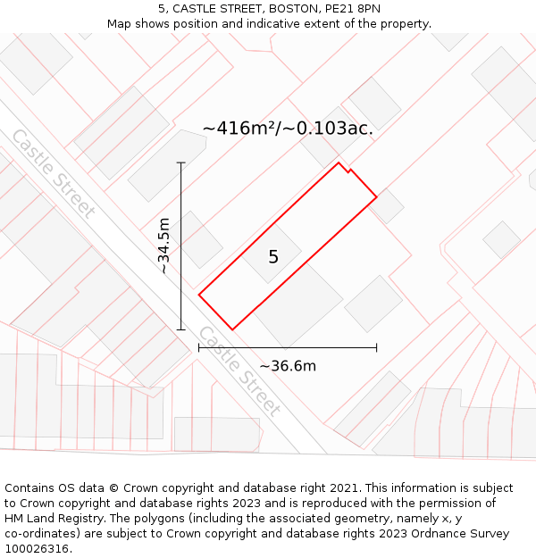 5, CASTLE STREET, BOSTON, PE21 8PN: Plot and title map